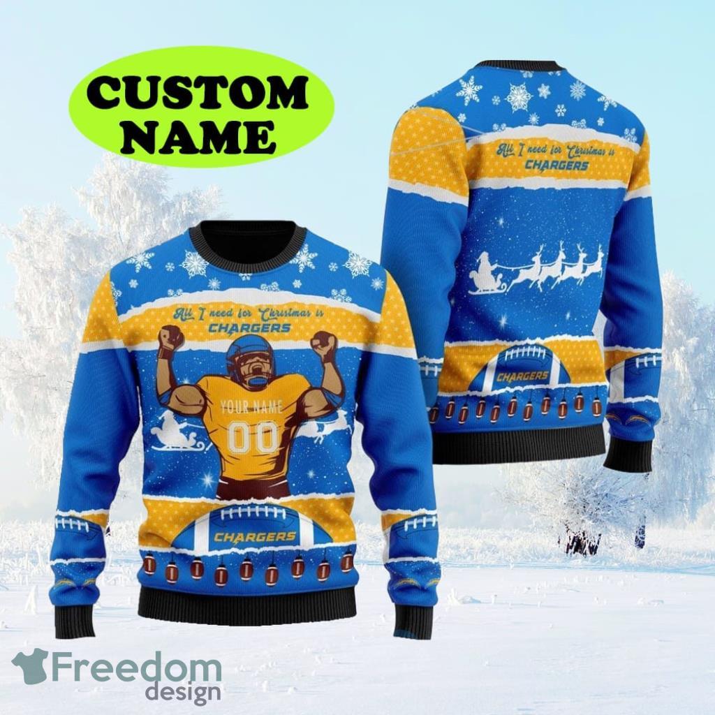 Personalized NFL Los Angeles Chargers All I Need For Christmas Ugly Christmas Sweater Perfect Gift For Football Big Fans image Personalized NFL Los Angeles Chargers All I Need For Christmas Ugly Christmas Sweater Perfect Gift For Football Big Fans Product Photo 1