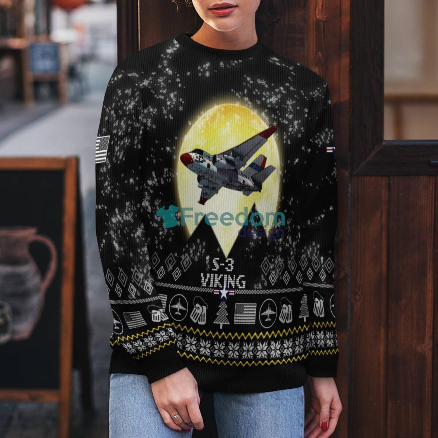 S 3 Viking S3 Aircraft Moonlight Black Ugly Christmas Sweater Veteran Sweater image S-3 Viking S3 Aircraft Moonlight Black Ugly Christmas Sweater Veteran Sweater Product Photo 1