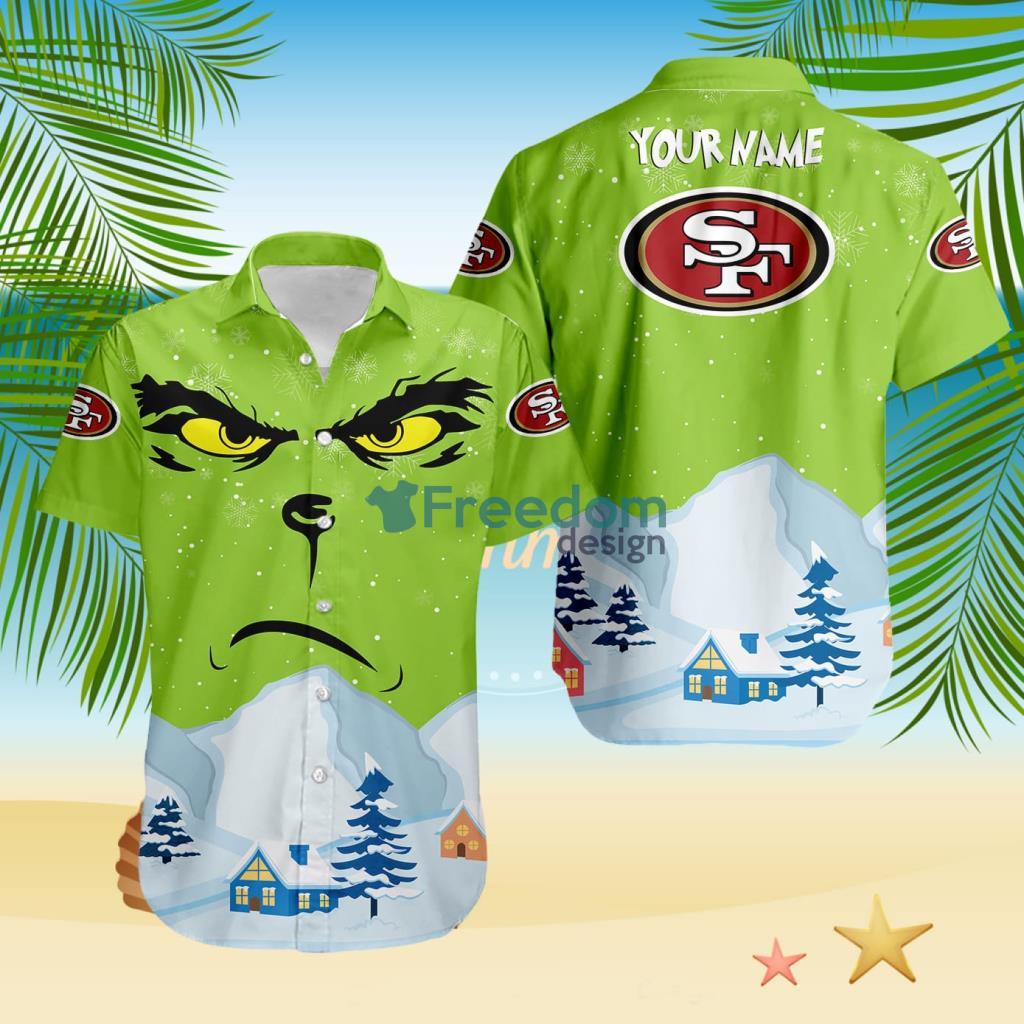 San Francisco 49ers NFL Grinch Merry Merry Christmas House House Tropical Hawaiian Shirt Custom Name image San Francisco 49ers NFL Grinch Merry Merry Christmas House House Tropical Hawaiian Shirt Custom Name Product Photo 1