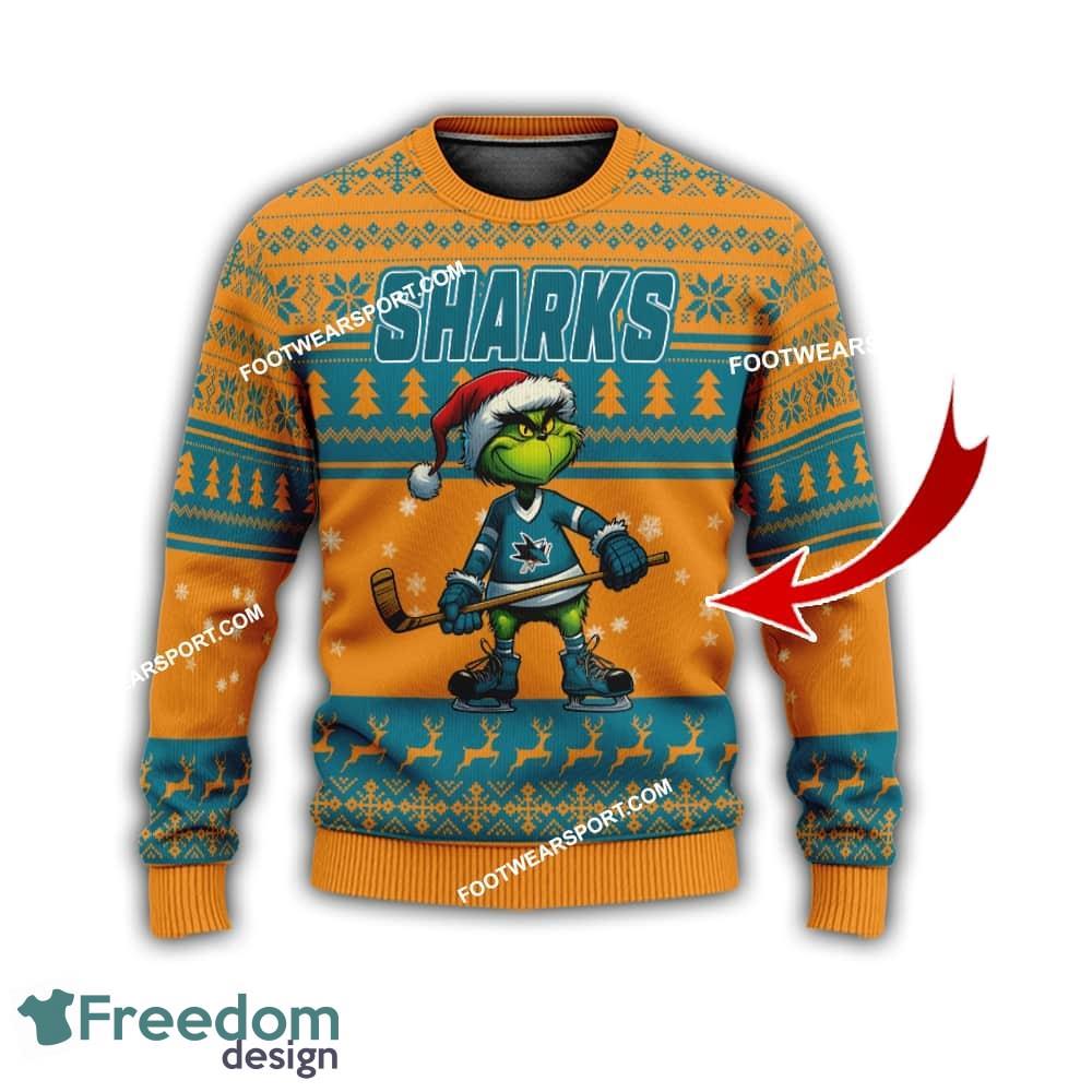 San Jose Sharks Player Grinch Knitted Christmas Sweater Gift Holidays image San Jose Sharks Player Grinch Knitted Christmas Sweater Gift Holidays - San Jose SharksMulti Grinch Ugly Christmas Sweater Gift Adult Photo 1