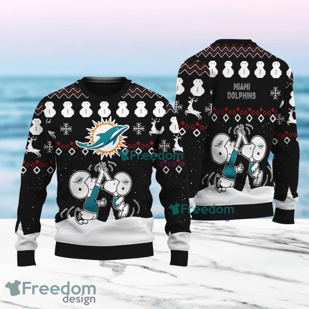 Snoopy And Friend Miami Dolphins Christmas Ugly Sweater 3D For Fans image Snoopy And Friend Miami Dolphins Christmas Ugly Sweater 3D For Fans Product Photo 1