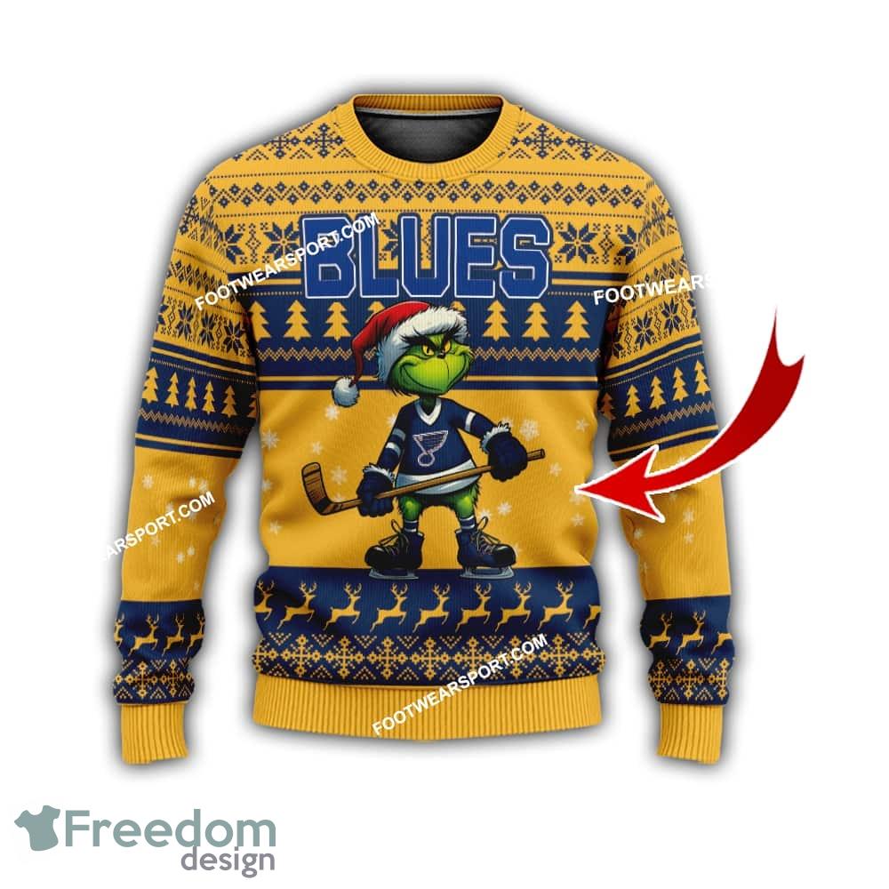 St. Louis Blues Grinch Design Knitted Christmas Sweater AOP Gift For Men And Women image St. Louis Blues Grinch Design Knitted Christmas Sweater AOP Gift For Men And Women - St. Louis BluesMulti Grinch Ugly Christmas Sweater Gift Adult Photo 1