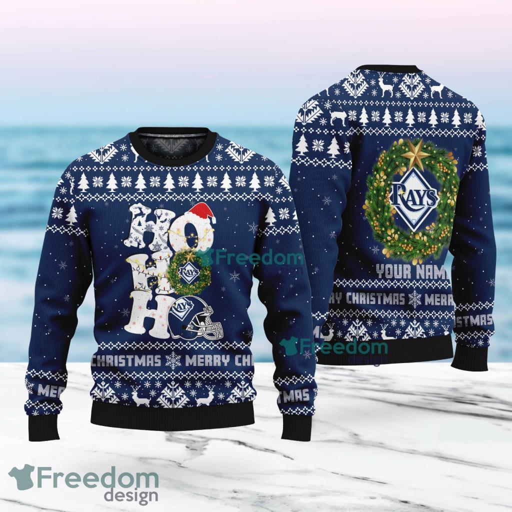 Tampa Bay Rays MLB Custom Name Christmas Wreath Ugly Sweater Christmas For Fans image Tampa Bay Rays MLB Custom Name Christmas Wreath Ugly Sweater Christmas For Fans Product Photo 1