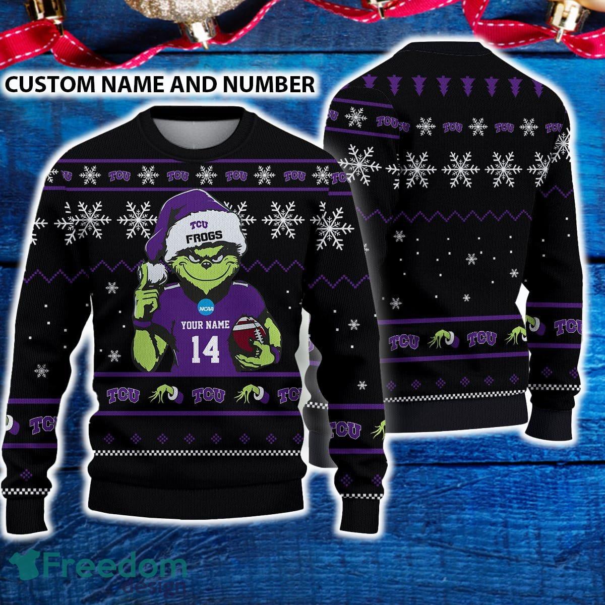 TCU Horned Frogs 3D Ugly Christmas Sweater Grinch Funny Custom Number And Name image TCU Horned Frogs 3D Ugly Christmas Sweater Grinch Funny Custom Number And Name - TCU Horned Frogs 3D Ugly Christmas Sweater Grinch Funny Custom Number And Name