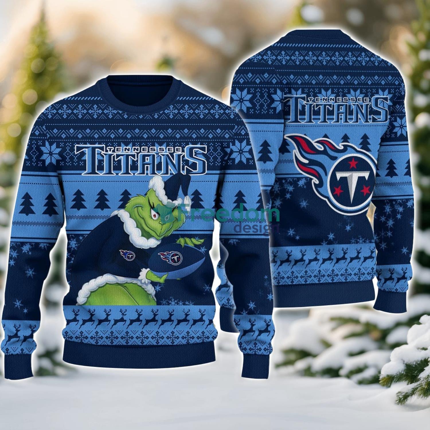 Tennessee Titans Grinch Ugly Christmas Sweater With Team Logo 3D Printed Christmas Sweater Gift image Tennessee Titans Grinch Ugly Christmas Sweater With Team Logo 3D Printed Christmas Sweater Gift Product Photo 1