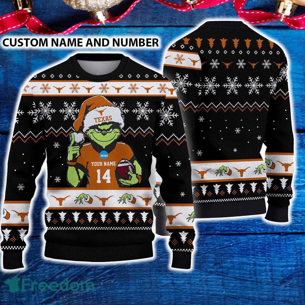 Texas Longhorns 3D Ugly Christmas Sweater Grinch Funny Custom Number And Name image Texas Longhorns 3D Ugly Christmas Sweater Grinch Funny Custom Number And Name - Texas Longhorns 3D Ugly Christmas Sweater Grinch Funny Custom Number And Name