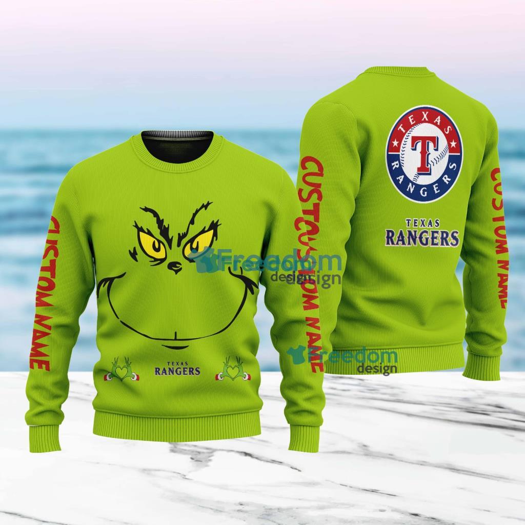 Texas Rangers MLB Ginch Face Funny Custom Name Ugly Sweater Merry Chistmas Gift For Fans image Texas Rangers MLB Ginch Face Funny Custom Name Ugly Sweater Merry Chistmas Gift For Fans Product Photo 1