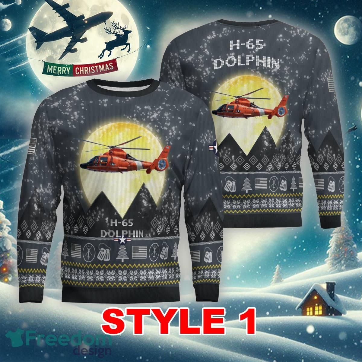 US Coast Guard H 65 Dolphin H65 USCG Aircraft Moonlight Multi Color Knitted Christmas Sweater AOP Gift Holidays image US Coast Guard H-65 Dolphin H65 USCG Aircraft Moonlight Multi Color Knitted Christmas Sweater AOP Gift Holidays - US Coast Guard H-65 Dolphin H65 USCG Aircraft Moonlight Ugly Christmas Sweater_1