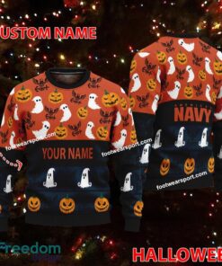 US Navy Custom Name Halloween Ugly Christmas Sweater For Fans
