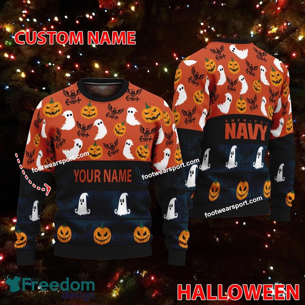 US Navy Custom Name Halloween Ugly Christmas Sweater For Fans image US Navy Custom Name Halloween Ugly Christmas Sweater For Fans - US Navy Custom Name Halloween Ugly Christmas Sweater For Fans