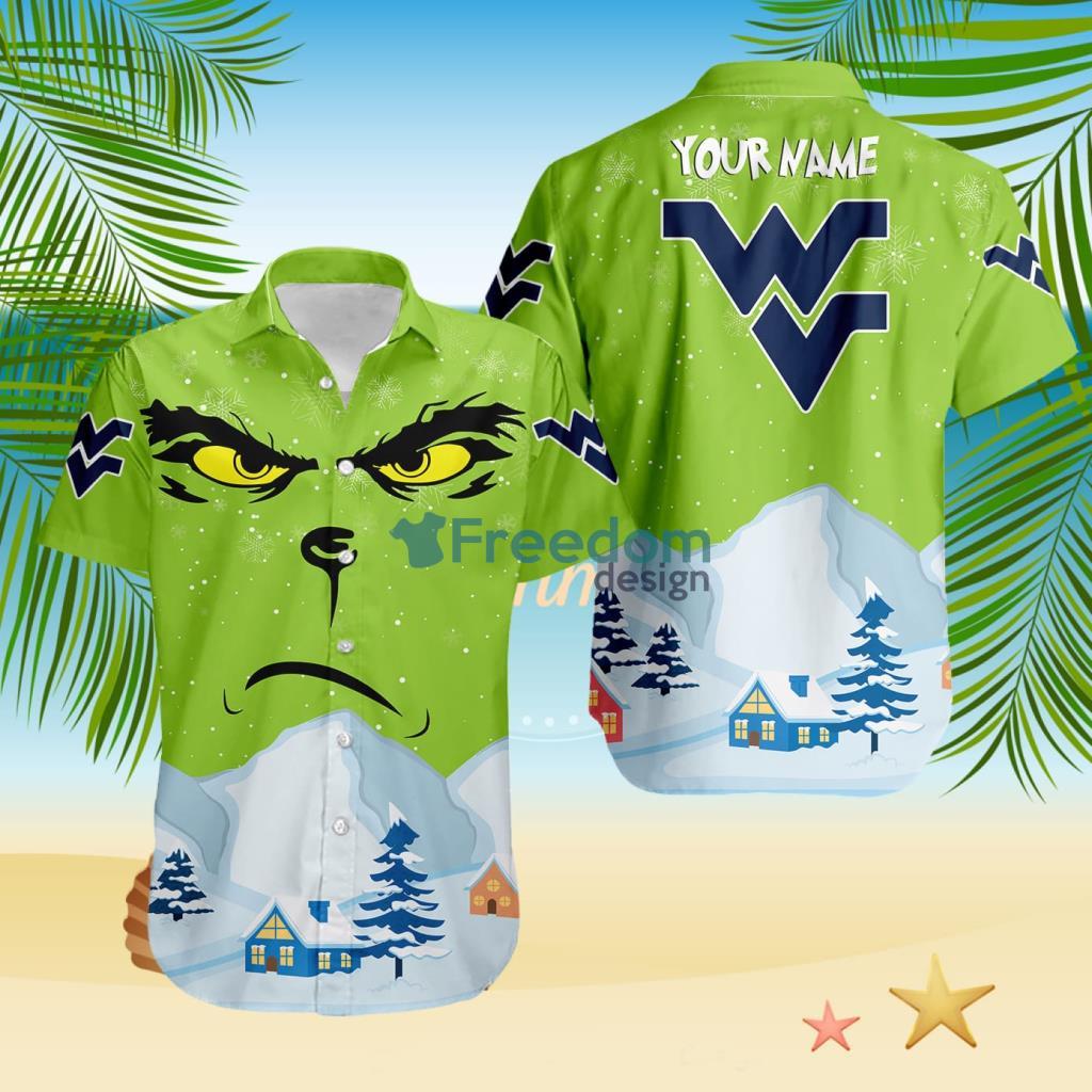 West Virginia Mountaineers NCAA Grinch Merry Merry Christmas House House Tropical Hawaiian Shirt Custom Name Product Photo 1