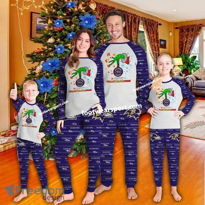 Baltimore Ravens Happy HalloThankmas Christmas Pajamas Set Family Kid Men Women image Baltimore Ravens Happy HalloThankmas Christmas Pajamas Set Family Kid Men Women - Baltimore Ravens Happy HalloThankmas Christmas Pajamas Set Family Kid Men Women