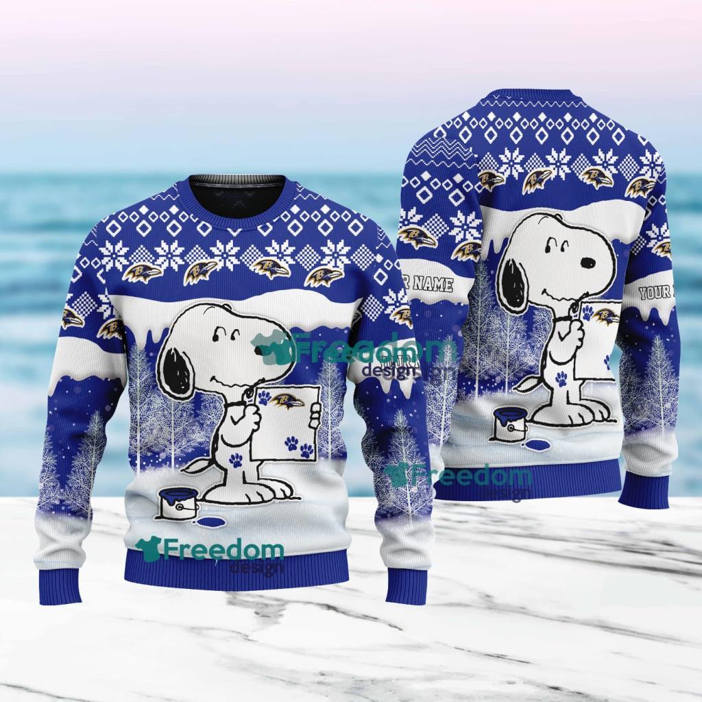 Baltimore Ravens Nfl Snoopy Pine Tree Christmas Ugly Sweater Custom Name image Baltimore Ravens Nfl Snoopy Pine Tree Christmas Ugly Sweater Custom Name Product Photo 1