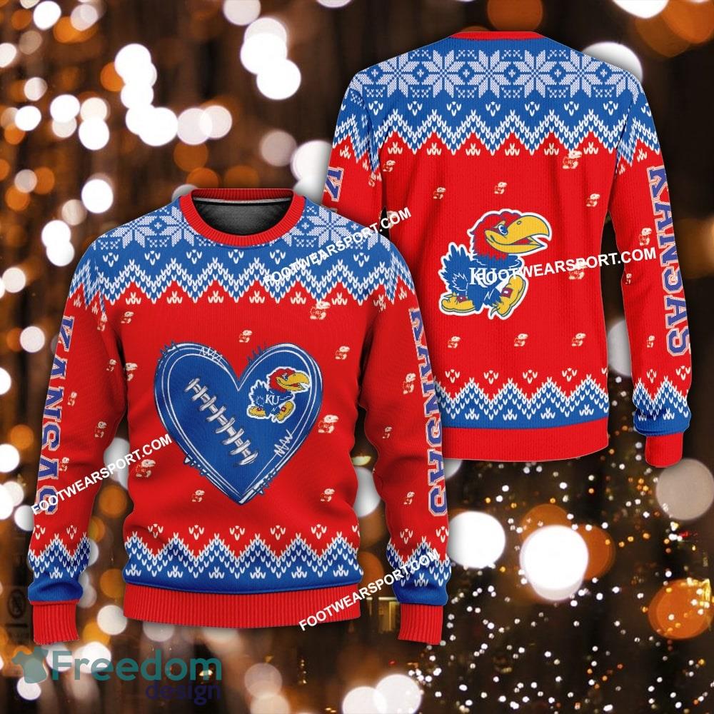 Best Design Heart Football Kansas Jayhawks Christmas 3D Sweater For Men Women image Best Design Heart Football Kansas Jayhawks Christmas 3D Sweater For Men Women - Best Design Heart Football Kansas Jayhawks Christmas 3D Sweater For Men Women