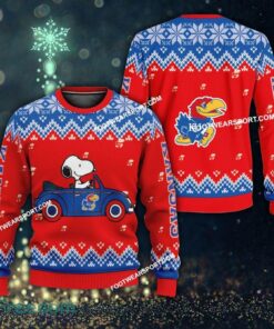 Best Design Snoopy Driving Car Kansas Jayhawks Christmas Sweater AOP Gift For Adult