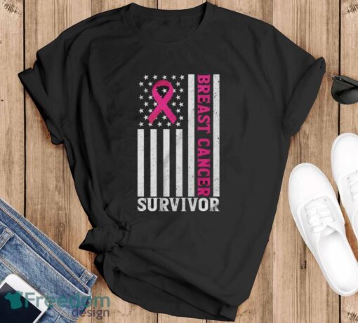 Breast Cancer Survivor Shirt, Breast Cancer USA Flag T-Shirt - Black T-Shirt