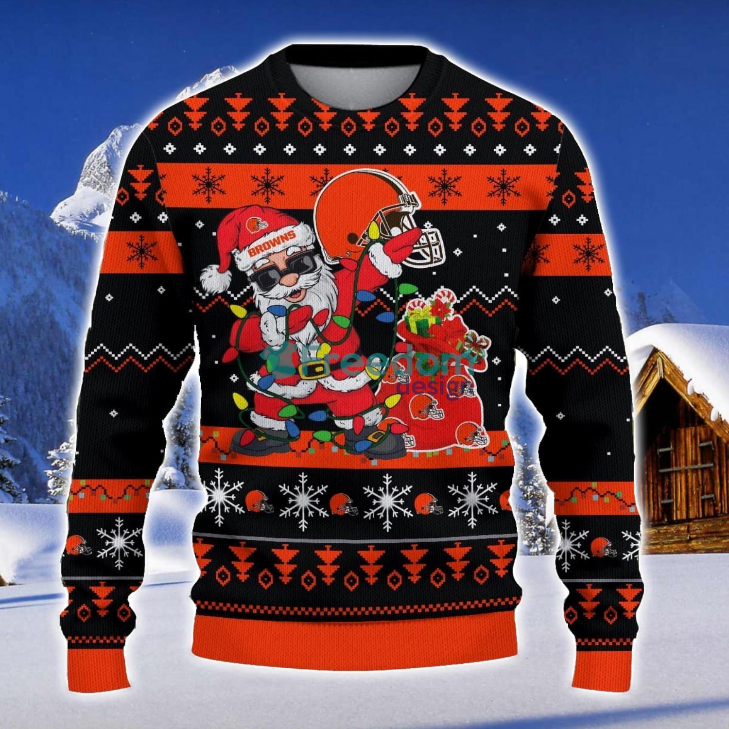 Cleveland Browns Santa Claus Ugly Christmas Sweater Christmas Gift 3D Sweater image Cleveland Browns Santa Claus Ugly Christmas Sweater Christmas Gift 3D Sweater Product Photo 1