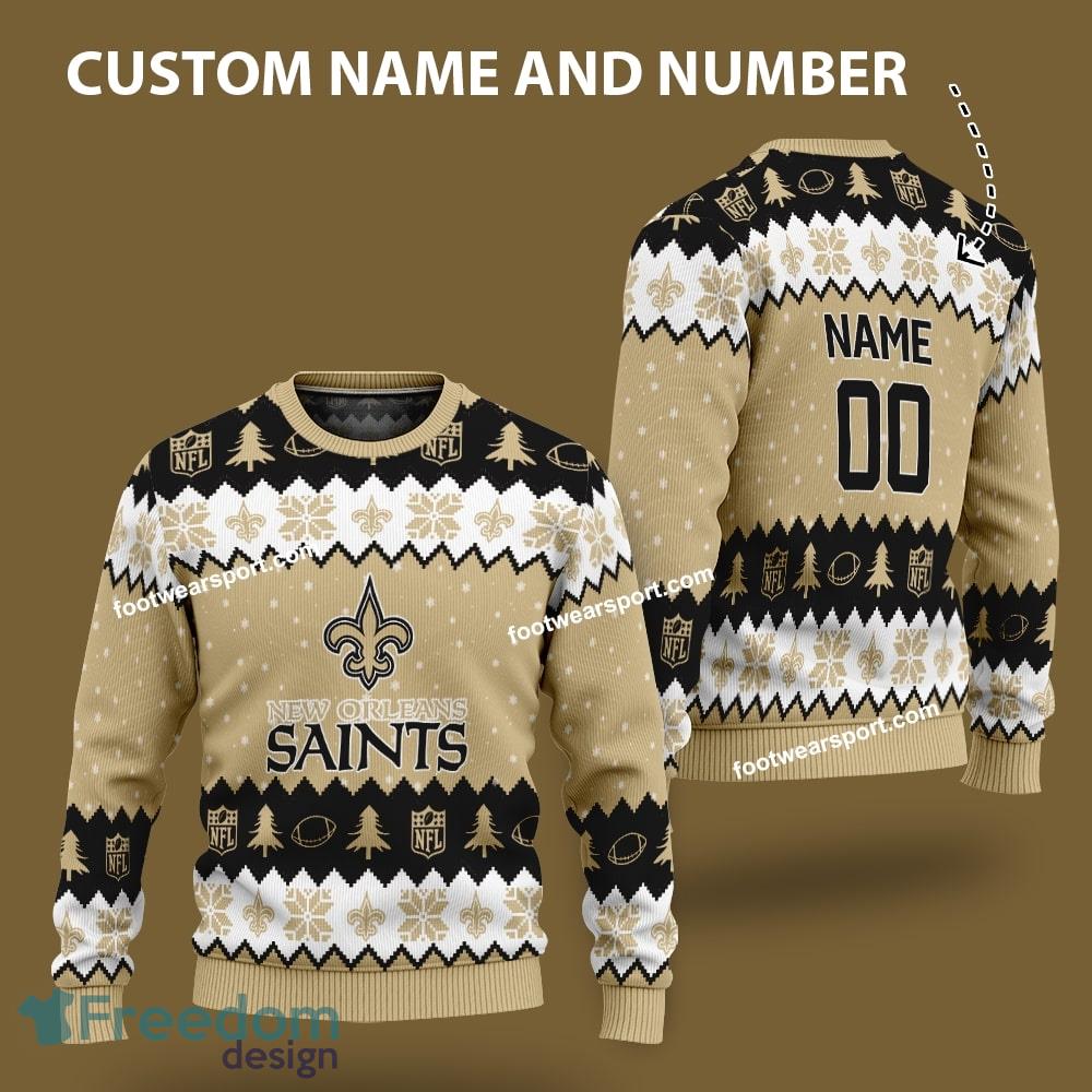 Custom Number And Name New Orleans Saints Logo Pattern Knitted Christmas Sweater AOP Gift Holidays image Custom Number And Name New Orleans Saints Logo Pattern Knitted Christmas Sweater AOP Gift Holidays - Custom Number And Name New Orleans Saints Logo Pattern Knitted Christmas Sweater AOP Gift Holidays
