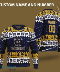 Custom Number And Name Notre Dame Fighting Irish Logo Pattern Ugly Christmas 3D Sweater Gift For Adult