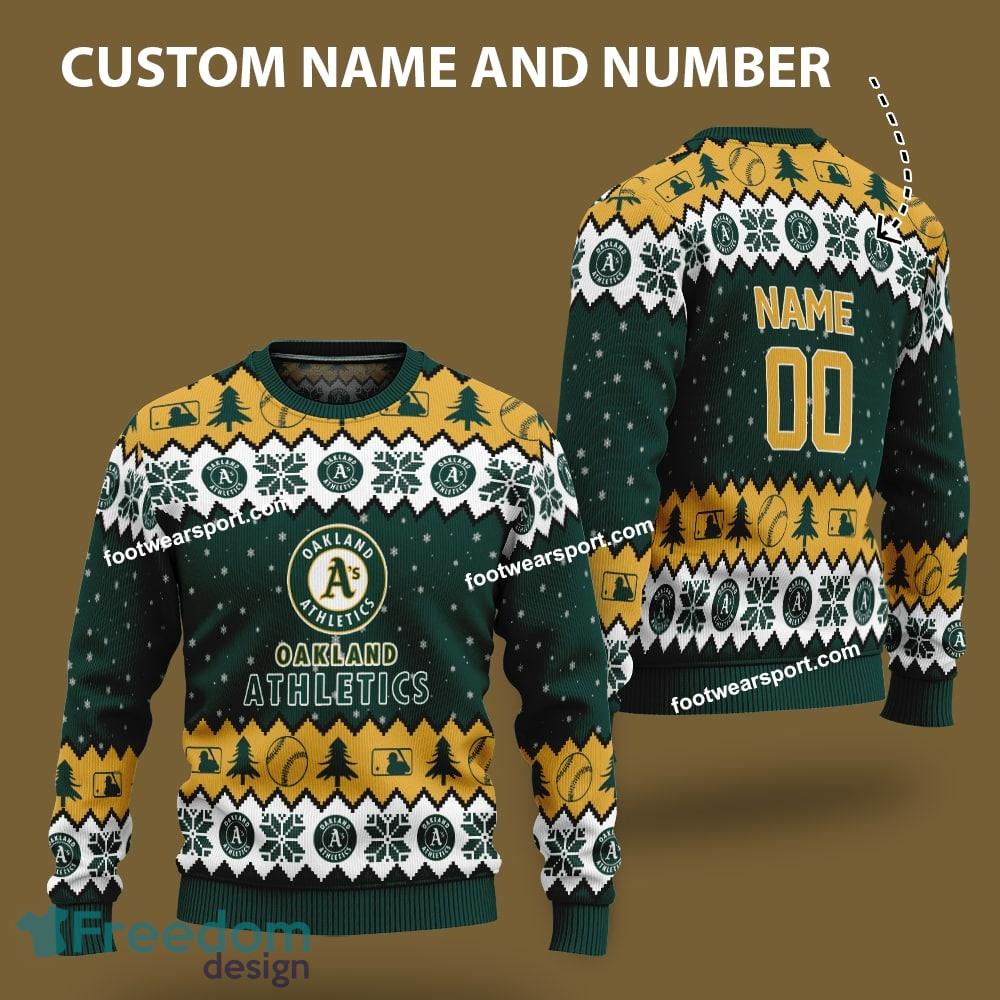 Custom Number And Name Oakland Athletics Logo Pattern Knitted Christmas Sweater For Fans image Custom Number And Name Oakland Athletics Logo Pattern Knitted Christmas Sweater For Fans - Custom Number And Name Oakland Athletics Logo Pattern Knitted Christmas Sweater For Fans