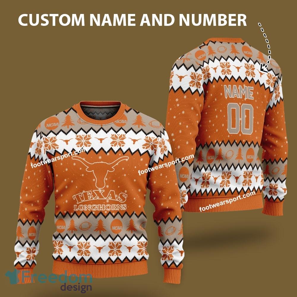 Custom Number And Name Texas Longhorns Xmas Pattern Ugly Christmas 3D Sweater Gift For Adult image Custom Number And Name Texas Longhorns Xmas Pattern Ugly Christmas 3D Sweater Gift For Adult - Custom Number And Name Texas Longhorns Xmas Pattern Ugly Christmas 3D Sweater Gift For Adult