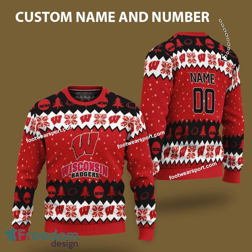 Custom Number And Name Wisconsin Badgers Xmas Pattern Ugly Christmas 3D Sweater Gift For Adult image Custom Number And Name Wisconsin Badgers Xmas Pattern Ugly Christmas 3D Sweater Gift For Adult - Custom Number And Name Wisconsin Badgers Xmas Pattern Ugly Christmas 3D Sweater Gift For Adult