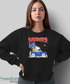 Design Snoopy And Woodstock santa car New England Patriots flag christmas shirt - Sweatshirt