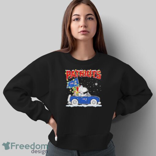 Design Snoopy And Woodstock santa car New England Patriots flag christmas shirt - Sweatshirt