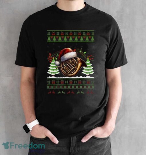 French Horn Christmas Sweatshirt, Ugly Xmas Musicians Hoodie Shirt - Black Unisex T-Shirt