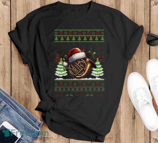 French Horn Christmas Sweatshirt, Ugly Xmas Musicians Hoodie Shirt - Black T-Shirt