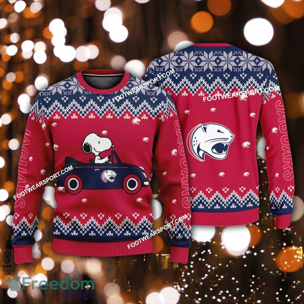 Funny Snoopy Driving Car South Alabama Jaguars Xmas Sweater For Men Women image Funny Snoopy Driving Car South Alabama Jaguars Xmas Sweater For Men Women - Funny Snoopy Driving Car South Alabama Jaguars Xmas Sweater For Men Women