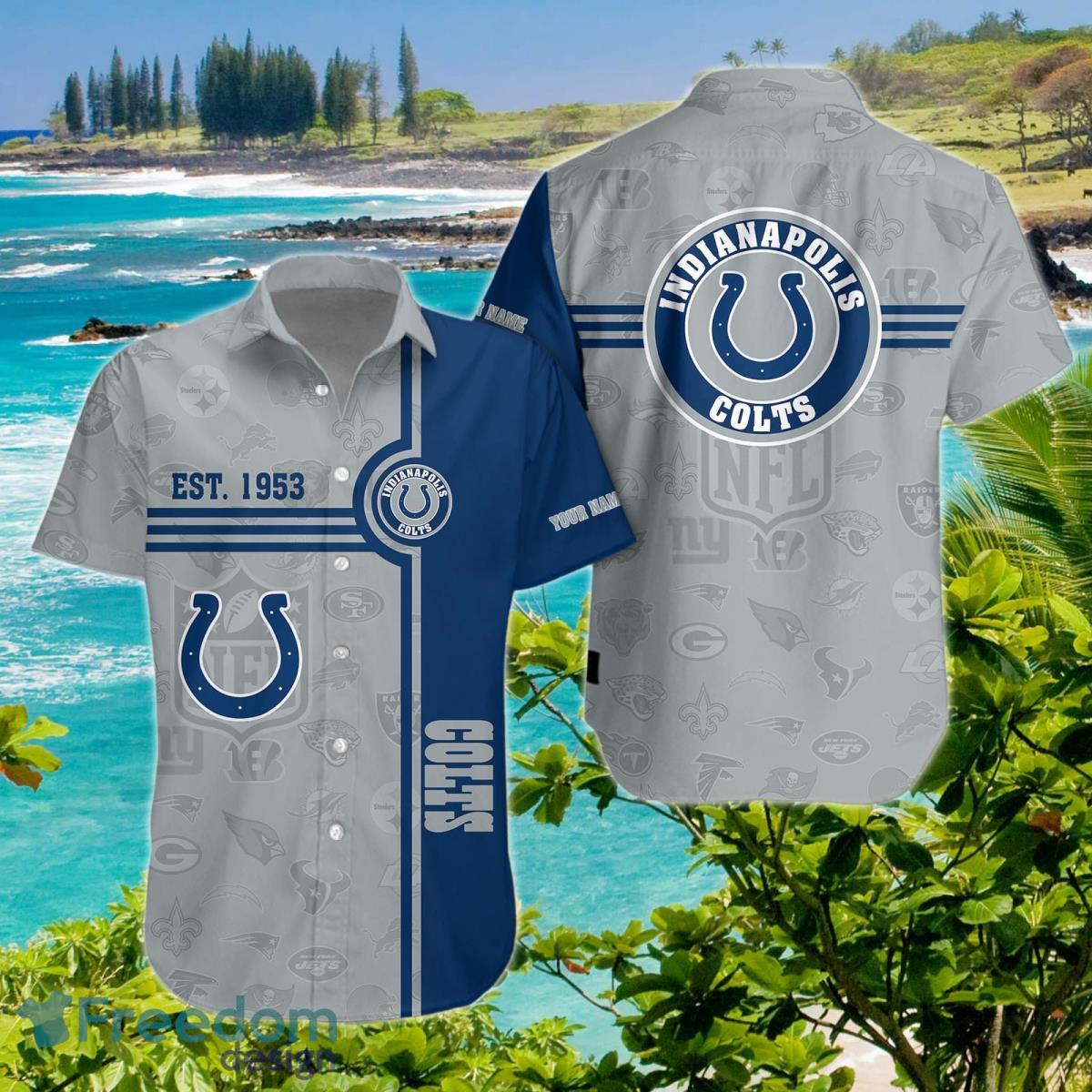 Indianapolis Colts Hawaiian Shirt Custom Name Impressive Gift image Indianapolis Colts Hawaiian Shirt Custom Name Impressive Gift Product Photo 1