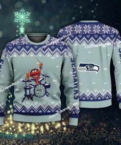 Logo Pattern Muppets Play Drums Seattle Seahawks Christmas Sweater AOP Gift Holidays