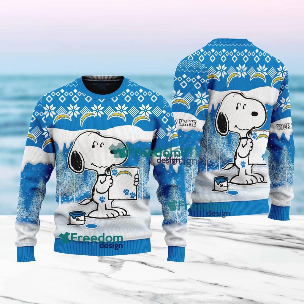 Los Angeles Chargers Nfl Snoopy Pine Tree Christmas Ugly Sweater Custom Name image Los Angeles Chargers Nfl Snoopy Pine Tree Christmas Ugly Sweater Custom Name Product Photo 1