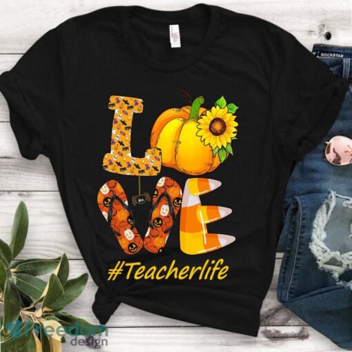 Love Teacher life Halloween shirt- Love Teacherlife sunflower Pumpkin Thanksgiving Funny Gift TShirt Product Photo 1