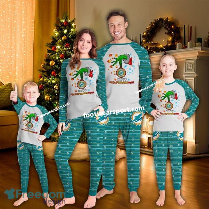 Miami Dolphins Happy HalloThankmas Ugly Christmas Pajamas Set Family Kid Men Women image Miami Dolphins Happy HalloThankmas Ugly Christmas Pajamas Set Family Kid Men Women - Miami Dolphins Happy HalloThankmas Ugly Christmas Pajamas Set Family Kid Men Women