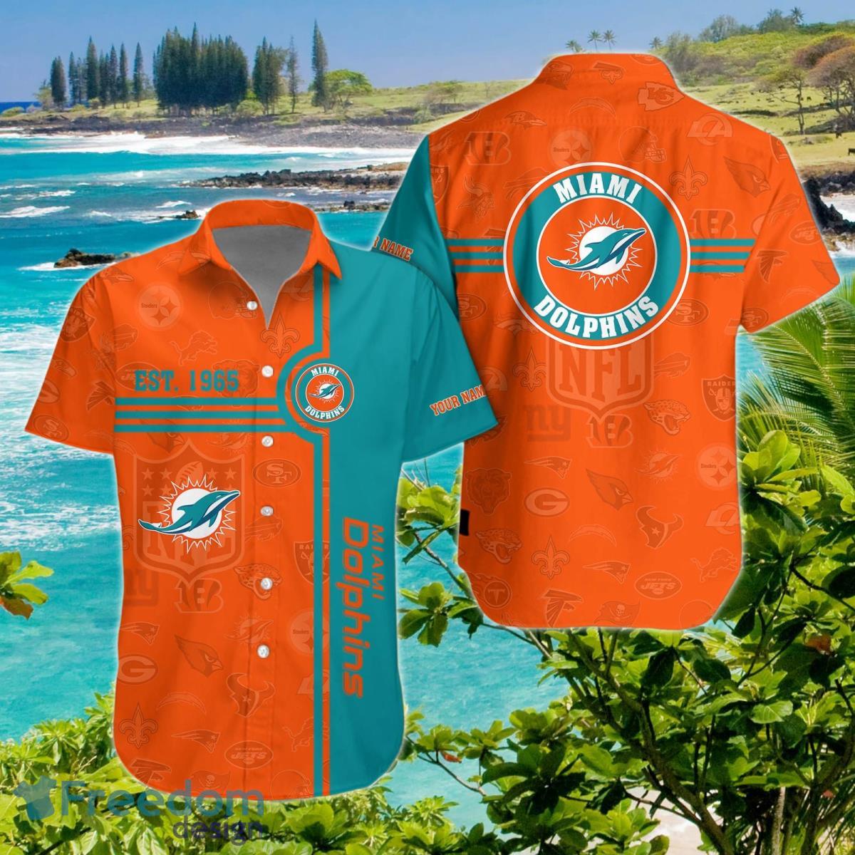 Miami Dolphins Hawaiian Shirt Custom Name Impressive Gift image Miami Dolphins Hawaiian Shirt Custom Name Impressive Gift Product Photo 1
