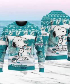 Miami Dolphins Nfl Snoopy Pine Tree Christmas Ugly Sweater Custom Name