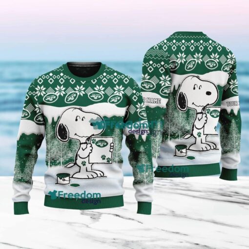 New York Jets Nfl Snoopy Pine Tree Christmas Ugly Sweater Custom Name Product Photo 1