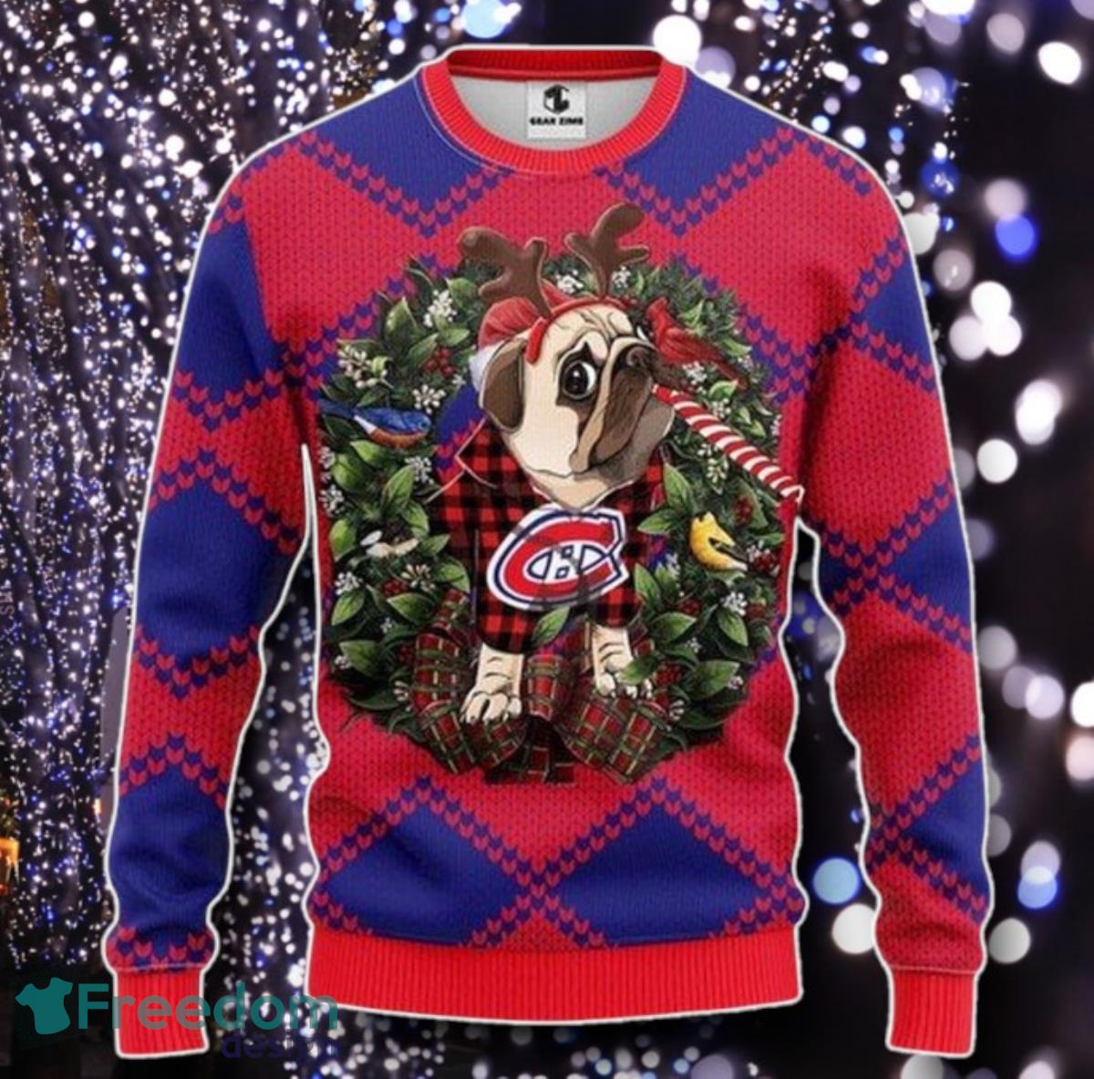 Nhl Montreal Canadiens Pug Dog And Candy Cane Christmas Ugly Sweater Unique Gift image Nhl Montreal Canadiens Pug Dog And Candy Cane Christmas Ugly Sweater Unique Gift Product Photo 1