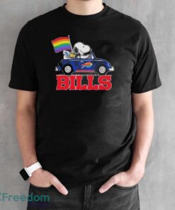 Official NFL Buffalo Bills Snoopy and Woodstock driving car Pride Month 2024 t-shirt - Black Unisex T-Shirt