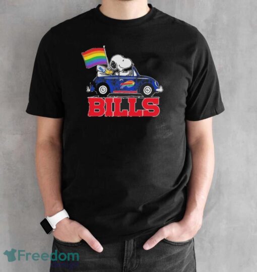 Official NFL Buffalo Bills Snoopy and Woodstock driving car Pride Month 2024 t-shirt - Black Unisex T-Shirt