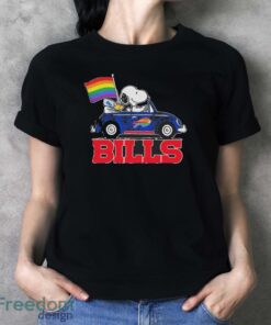 Official NFL Buffalo Bills Snoopy and Woodstock driving car Pride Month 2024 t-shirt - Ladies T-Shirt