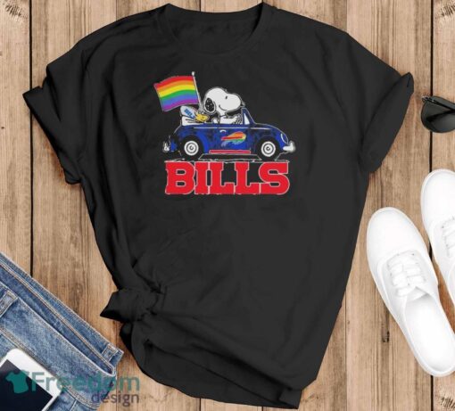 Official NFL Buffalo Bills Snoopy and Woodstock driving car Pride Month 2024 t-shirt - Black T-Shirt