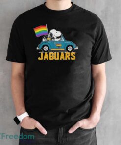 Official NFL Jacksonville Jaguars Snoopy and Woodstock driving car Pride Month 2024 t-shirt - Black Unisex T-Shirt