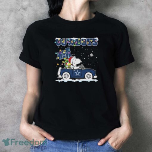 Official Peanuts Snoopy And Woodstock Drive Car Dallas Cowboys Christmas Shirt - Ladies T-Shirt