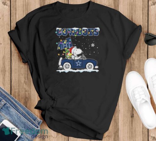 Official Peanuts Snoopy And Woodstock Drive Car Dallas Cowboys Christmas Shirt - Black T-Shirt