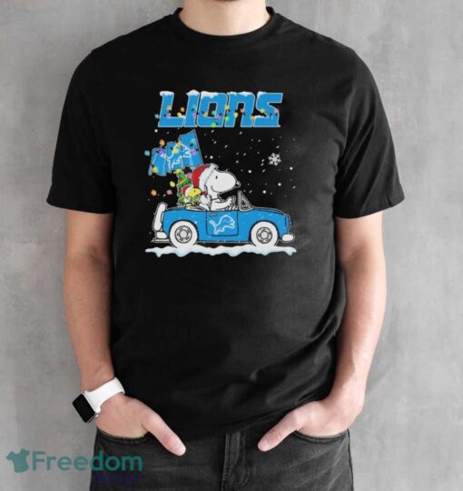 Official Peanuts Snoopy And Woodstock Drive Car Detroit Lions Christmas Shirt - Black Unisex T-Shirt