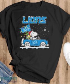 Official Peanuts Snoopy And Woodstock Drive Car Detroit Lions Christmas Shirt - Black T-Shirt