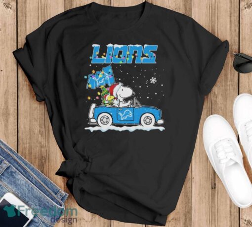 Official Peanuts Snoopy And Woodstock Drive Car Detroit Lions Christmas Shirt - Black T-Shirt